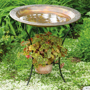 Ancient Graffiti Steel Bird Bath and Stand, Copper Plated - BirdHousesAndBaths.com