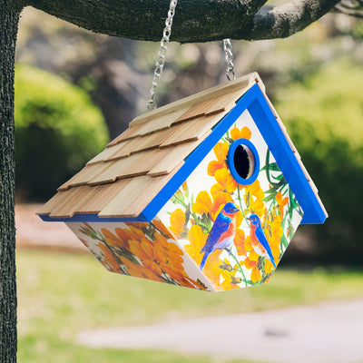 Hanging Wren House, Bluebirds with Camellia Print