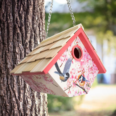 Hanging Wren House, Cherry Blossom with Chickadee