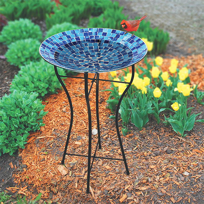 Glass Mosaic Bird Bath with Steel Stand, Blue