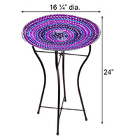 Glass Mosaic Bird Bath with Steel Stand, Purple