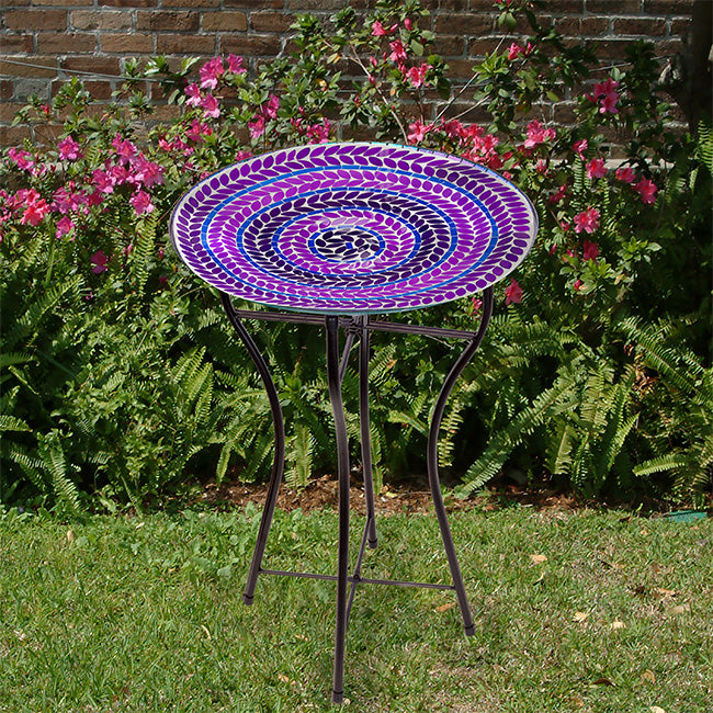 Glass Mosaic Bird Bath with Steel Stand, Purple