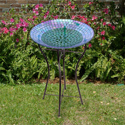 Glass Mosaic Bird Bath with Steel Stand, Rainbow - BirdHousesAndBaths.com