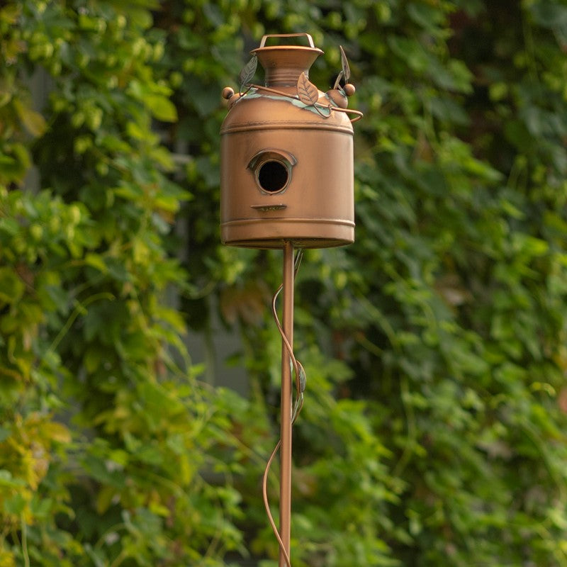 Old Style Milk Can Birdhouse Garden Stake in Antique Copper