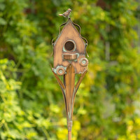 Cottage Style Birdhouse Garden Stake in Antique Copper, 62.6" Tall