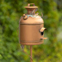 Old Style Milk Can Birdhouse Garden Stake in Antique Copper