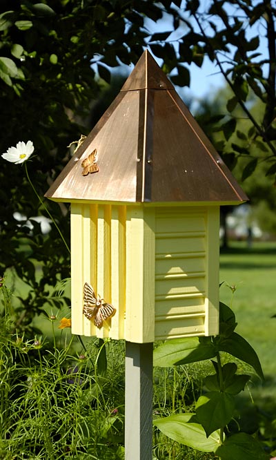 Flutterbye Butterfly House and Pole, Solid Copper Roof, Yellow - BirdHousesAndBaths.com