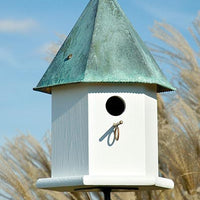 Copper Songbird Deluxe Bird House, Verdigris Roof - BirdHousesAndBaths.com