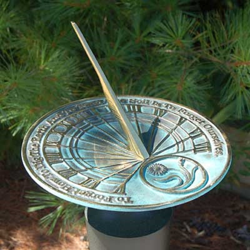Gardeners Reflection Brass Sundial, Verdigris, 10" dia. - BirdHousesAndBaths.com