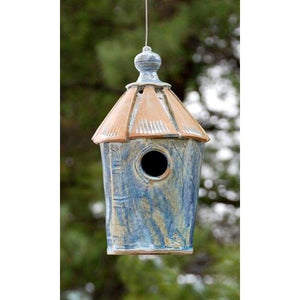 Ceramic Bird Cottage Bird House, French Blue - BirdHousesAndBaths.com