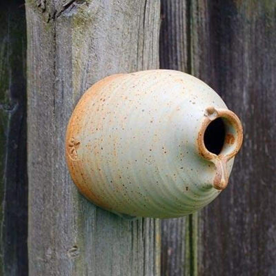 Ceramic Peek-A-Boo Bird House, Butternut - BirdHousesAndBaths.com
