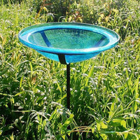 Crackle Glass Bird Bath Bowl with Cradle and Stake, Teal - BirdHousesAndBaths.com
