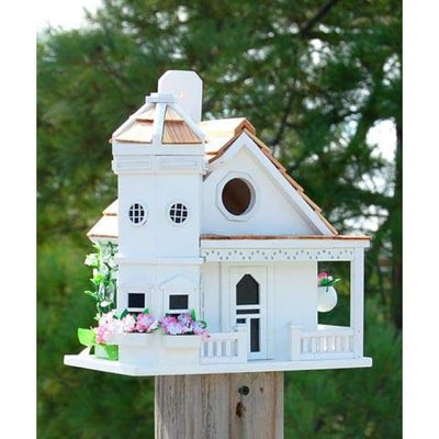 Flower Pot Cottage Bird House, White - BirdHousesAndBaths.com